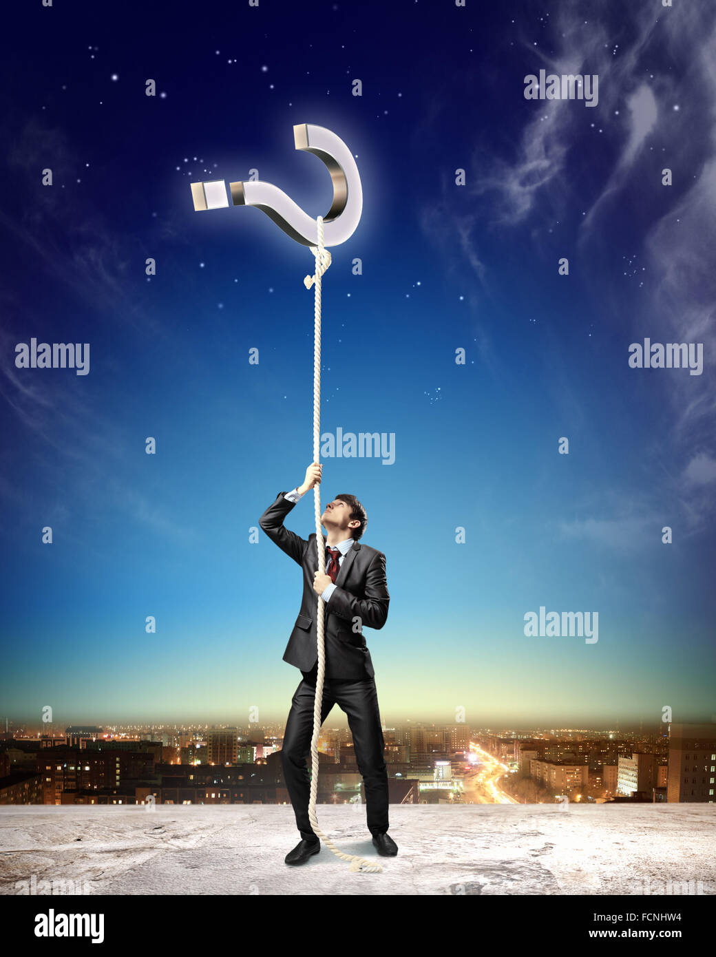 Question Man Rope Image of businessman climbing rope attached to question sign aloft ...