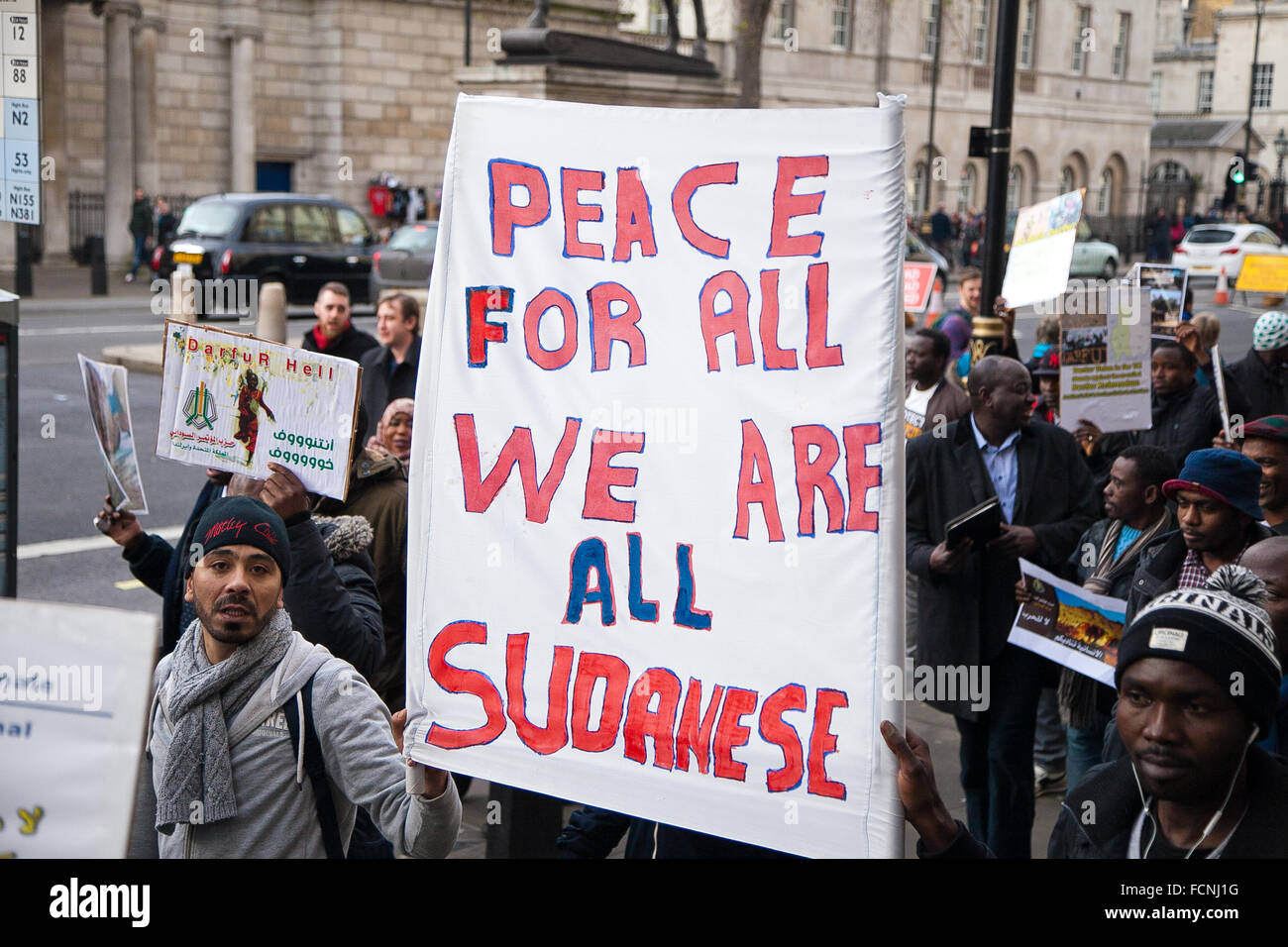 London, UK. 23rd January, 2016. Hundreds of Sudanese from the around the United Kingdom marched in London and held a demonstration outside Downing Street in London calling for Sudanese Government to end the conflicts in Darfur, Sudan. The protest was organised by Darfur Union UK Credit:  Dinendra Haria/Alamy Live News Stock Photo