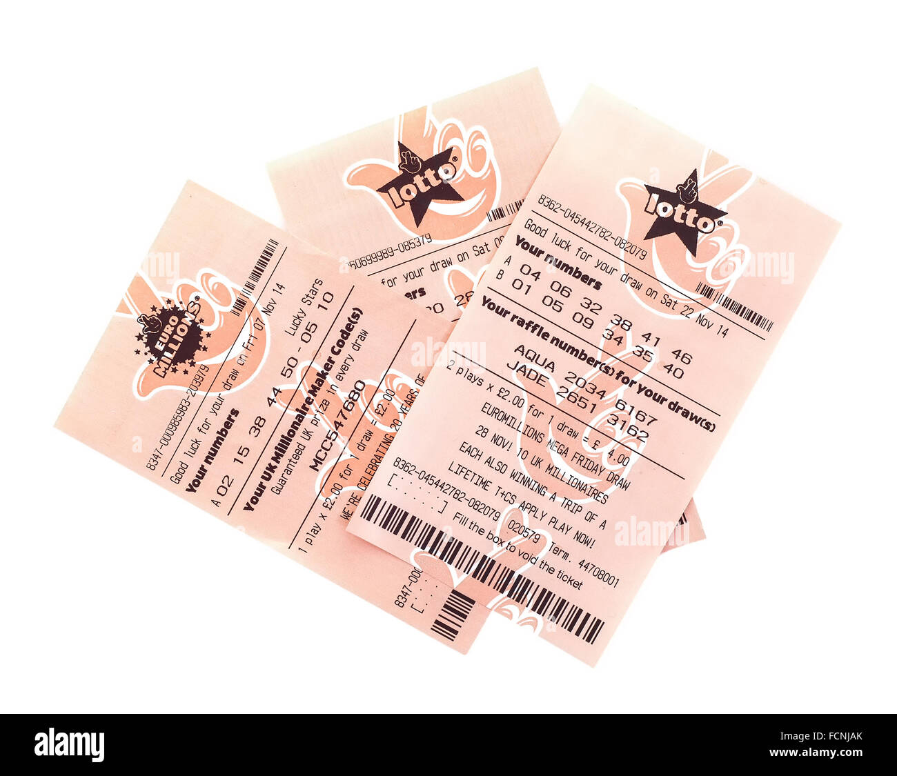 Euro Millions and Lotto Lottery Tickets on a white background Stock Photo
