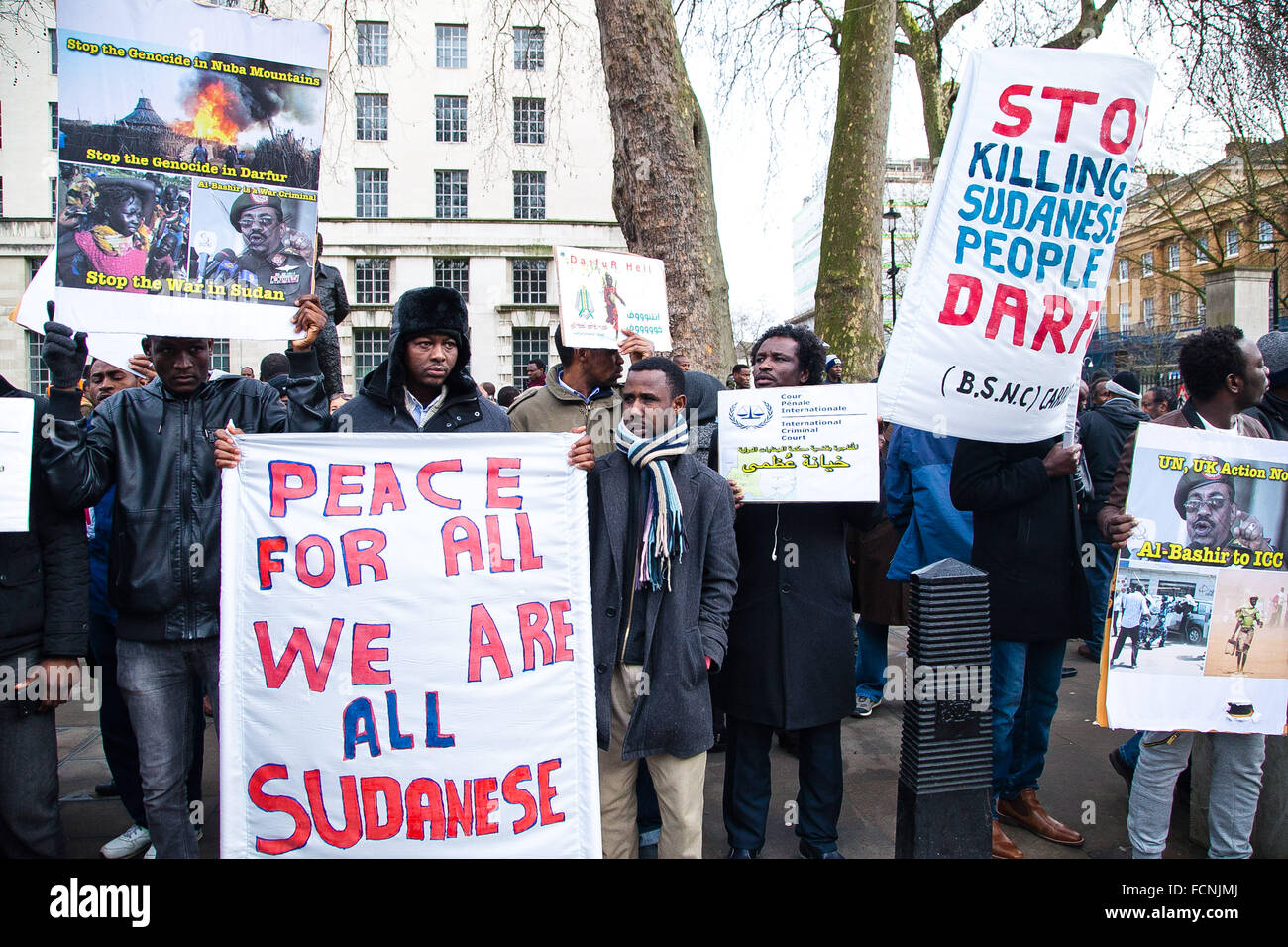London, UK. 23rd January, 2016. Hundreds of Sudanese from the around the United Kingdom marched in London and held a demonstration outside Downing Street in London calling for Sudanese Government to end the conflicts in Darfur, Sudan. The protest was organised by Darfur Union UK Credit:  Dinendra Haria/Alamy Live News Stock Photo