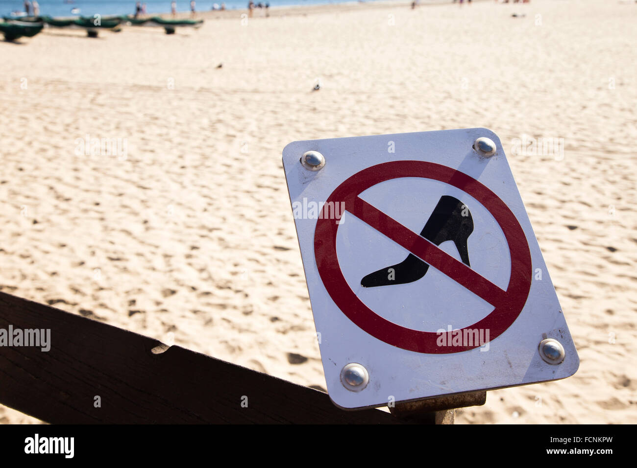 A 'no high heels' sign on Santa Barbara pier Stock Photo