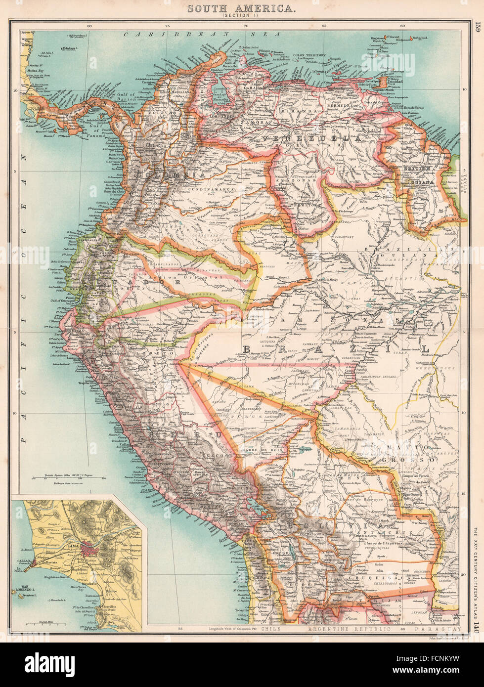 SOUTH AMERICA NW: Venezuela Colombia Ecuador Peru Bolivia. Inset Lima, 1901 map Stock Photo