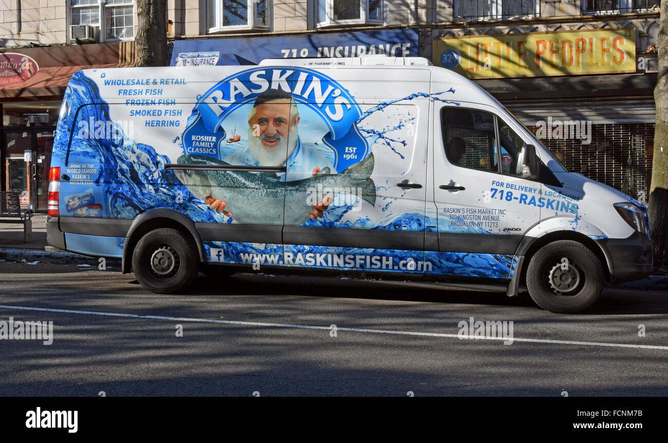 A truck for Raskin's Kosher Fish store parked on Kingston Ave. in Crown Heights, Brooklyn, New York. Stock Photo