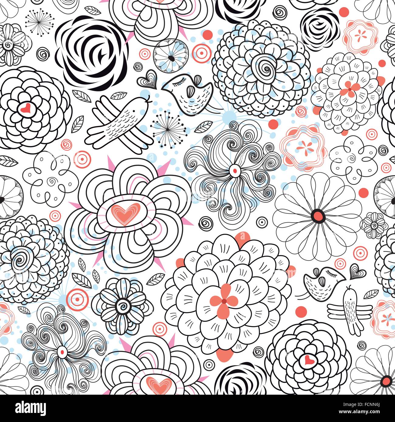 Decorative seamless graphic floral pattern with birds in love on white ...