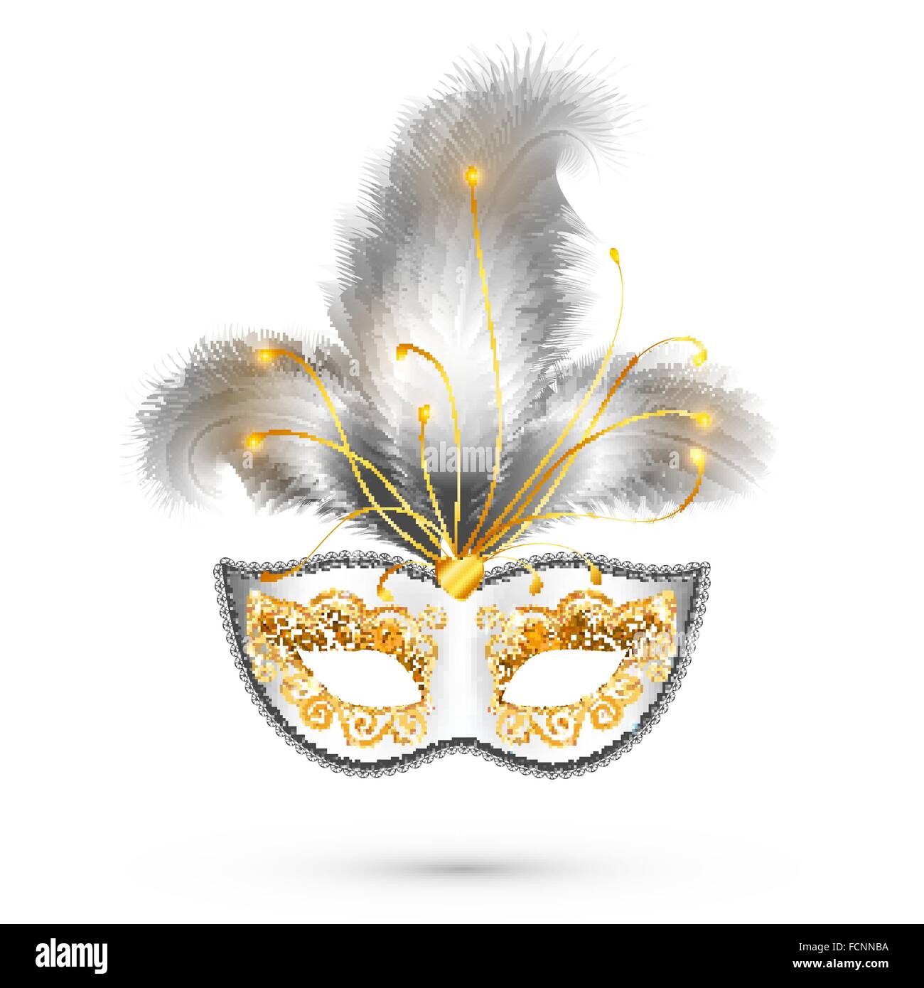 White carnival mask with golden glitter decoration and realistic silver  feathers Stock Vector Image & Art - Alamy