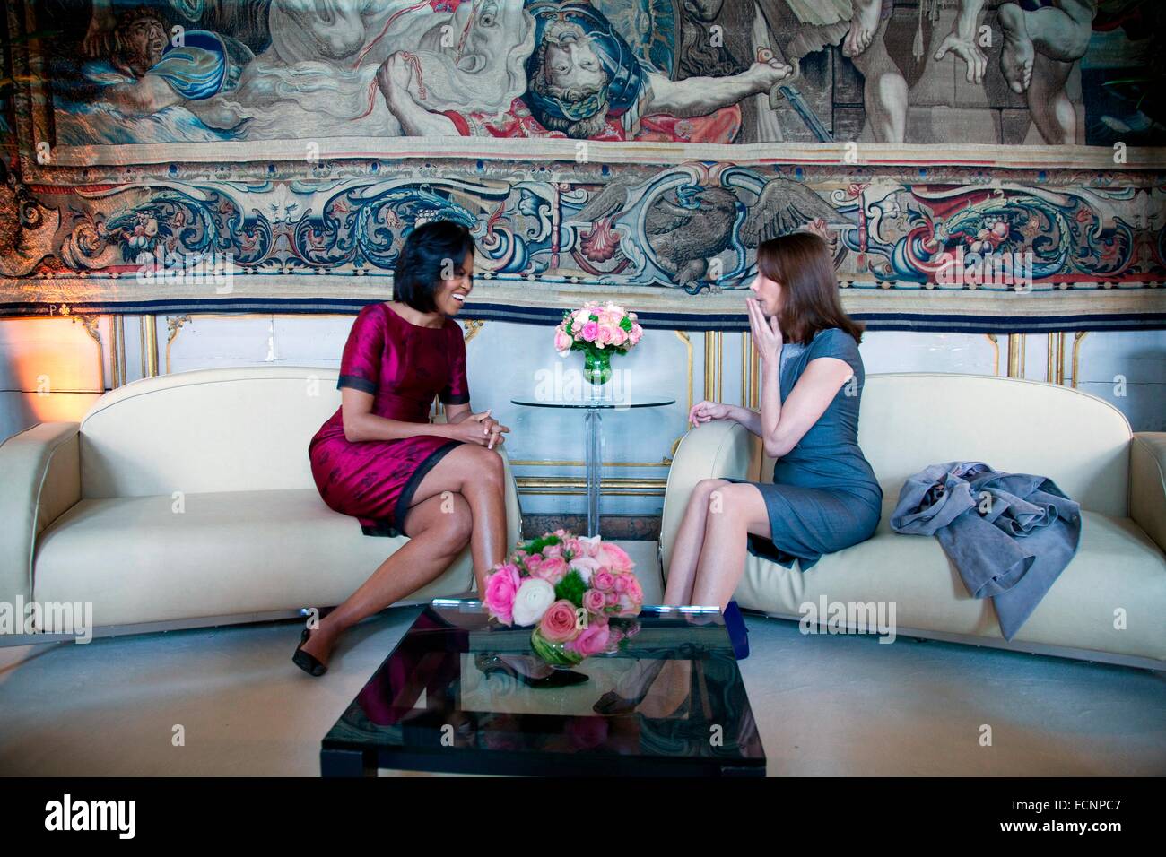 First Lady Michelle Obama meets with Carla Bruni Sarkozy, wife of French President Sarkozy at the Palais Rohan April 3, 2009 in Strasbourg, France. Stock Photo