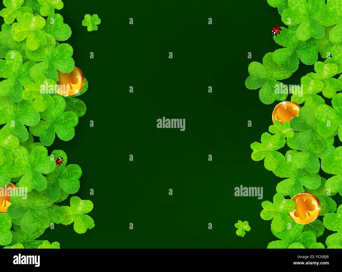 Dark green background with clovers, golden coins and ladybugs Stock ...
