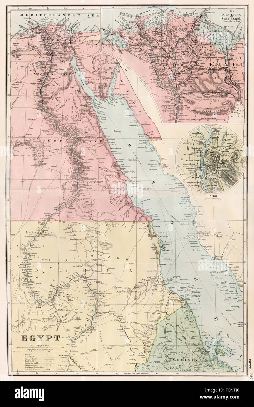 EGYPT & NILE VALLEY:Inset Delta & Suez Canal;Cairo.Battlefields.BACON, 1893 map Stock Photo