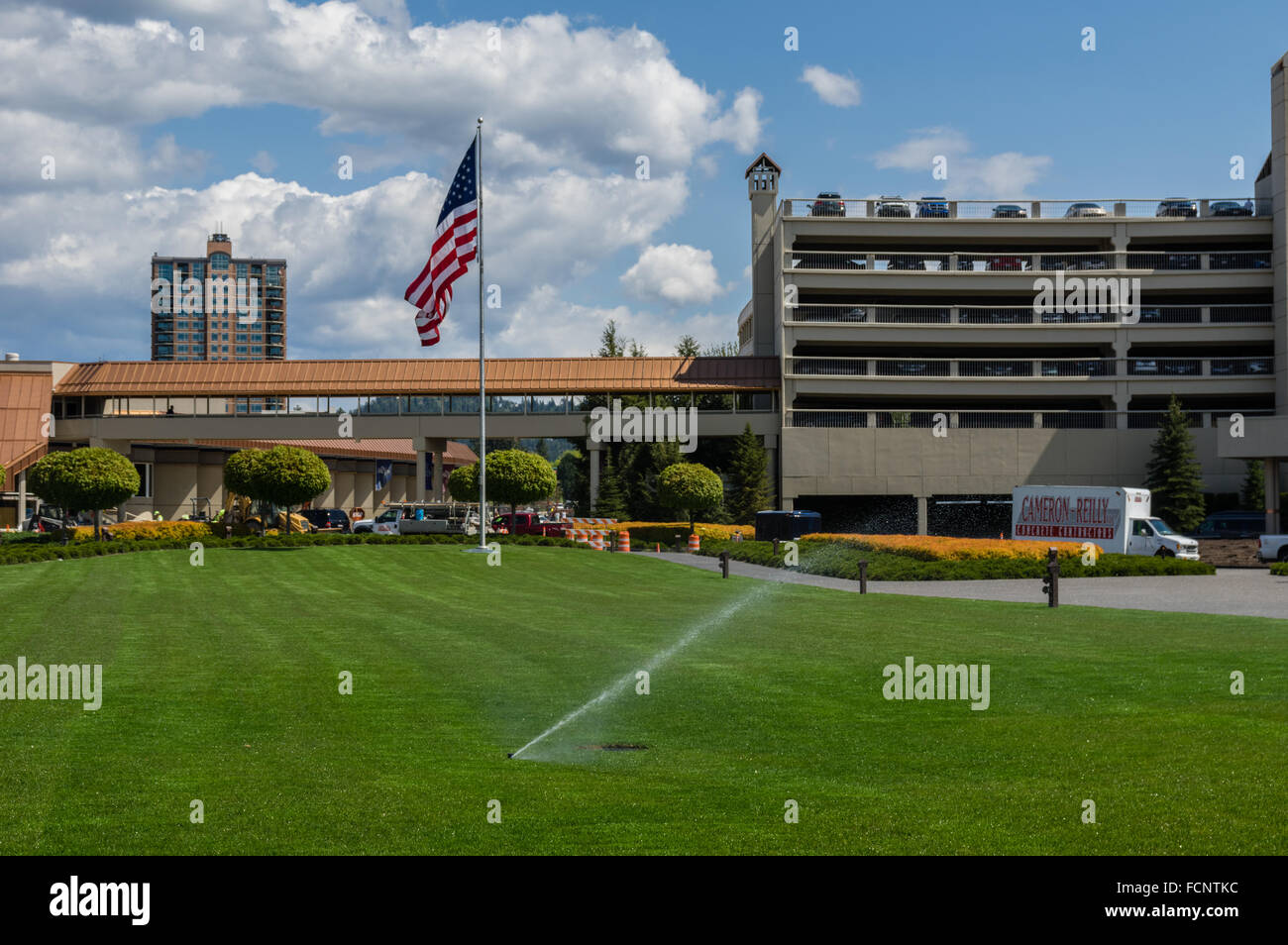 Automatic sprinklers watering the main lawn at the Coeur D'Alene Resort