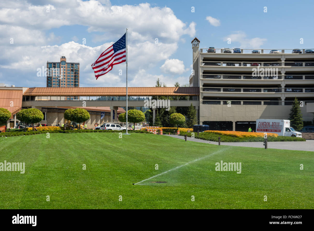 Automatic sprinklers watering the main lawn at the Coeur D'Alene Resort