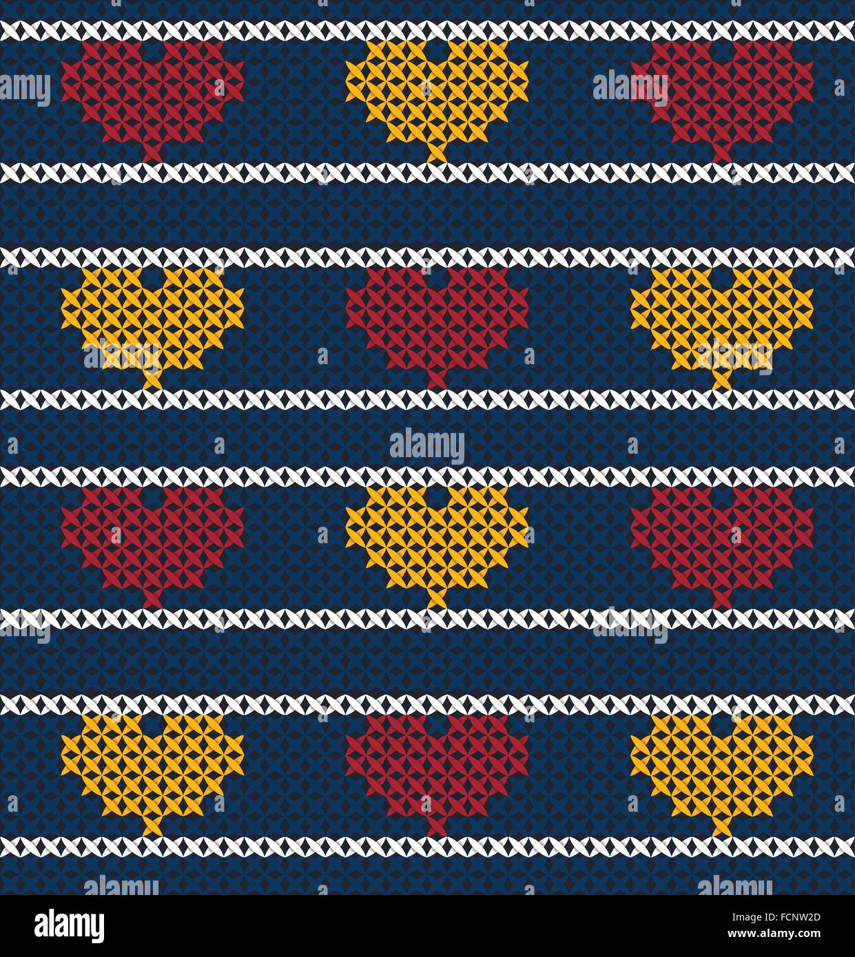 knit pattern yellow and red heart Stock Vector