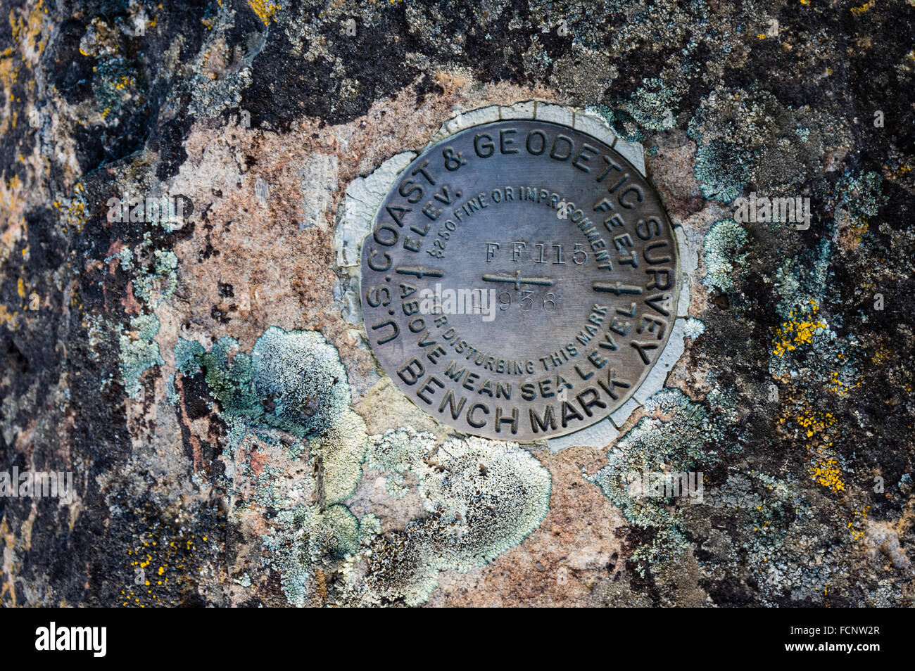 Benchmark plate of the US coast and geodetic survey, placed to mark elevation of a location.  Antelope, Oregon, USA Stock Photo