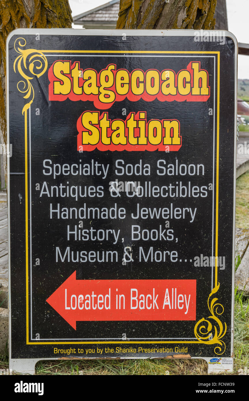 Sign for the Stagecoach Station store in the ghost town of Shaniko in eastern Oregon, USA Stock Photo
