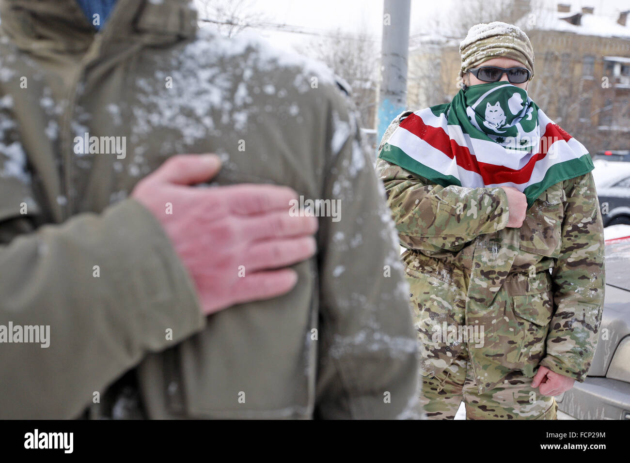 Kiev, Ukraine. 23rd Jan, 2016. Activists from Chechen battalion named of Dzhokhar Dudayev, during protest against the politics of Russian President Vladimir Putin, in front the Russian Embassy. © Vasyl Shevchenko/Pacific Press/Alamy Live News Stock Photo
