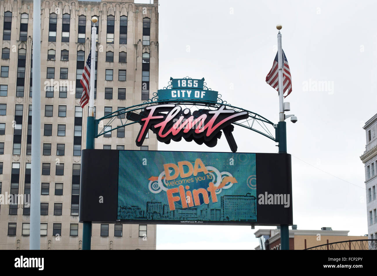 Downtown Flint, Michigan Digital sign Stock Photo