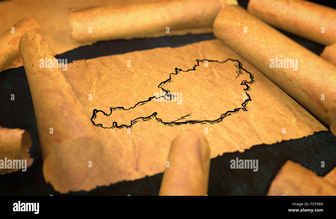 Austria Map Drawing Unfolding Old Paper Scroll 3D Stock Photo