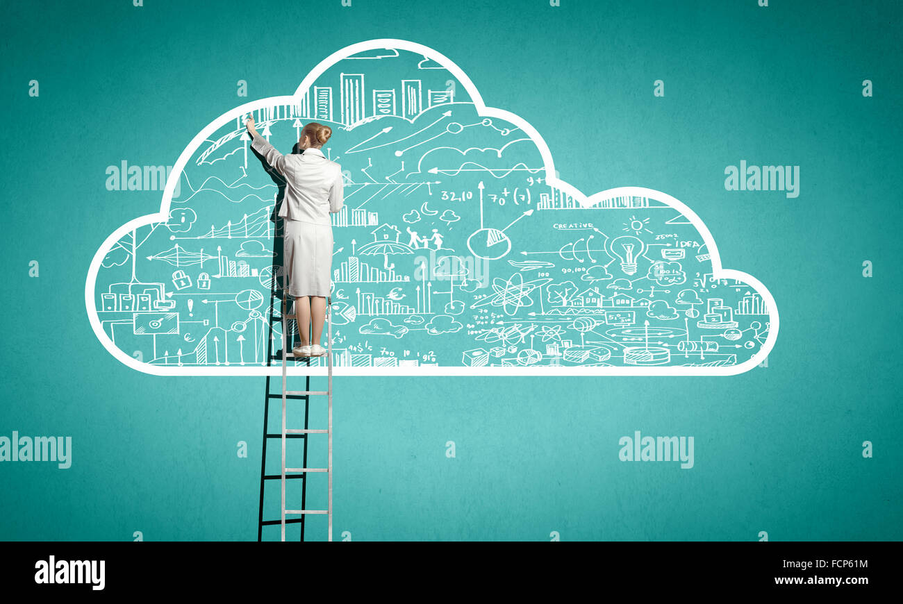 Back view of businesswoman standing on ladder and reaching to cloud ...