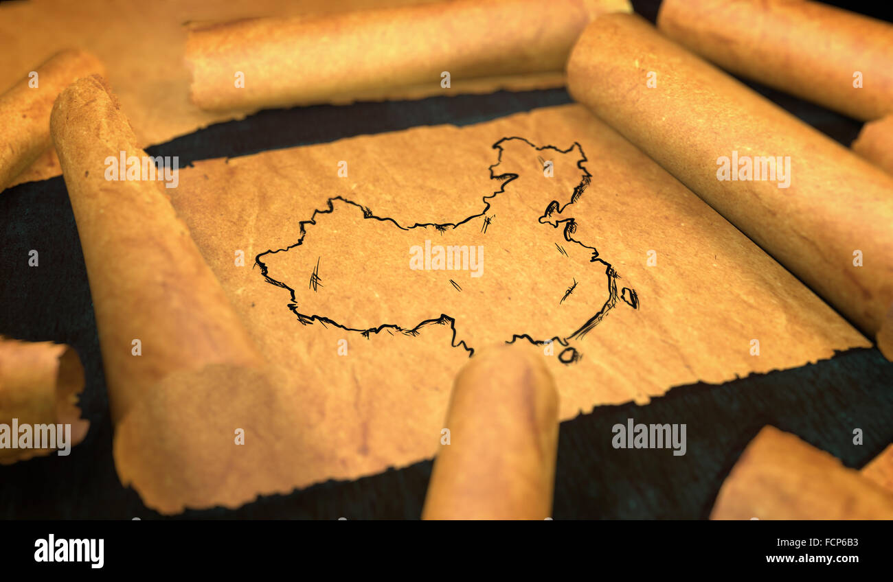 China Map Drawing Unfolding Old Paper Scroll 3D Stock Photo