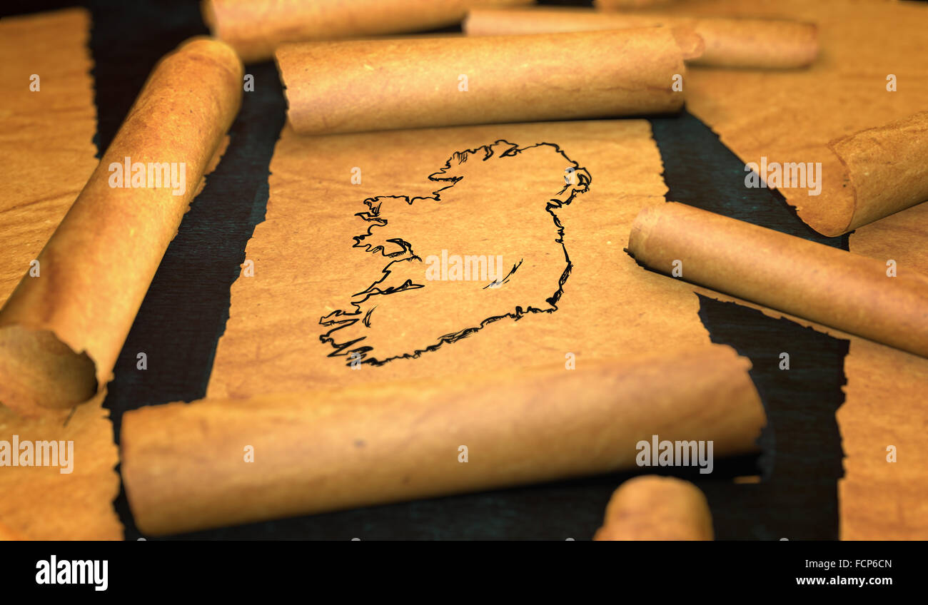 Ireland Map Drawing Unfolding Old Paper Scroll 3D Stock Photo