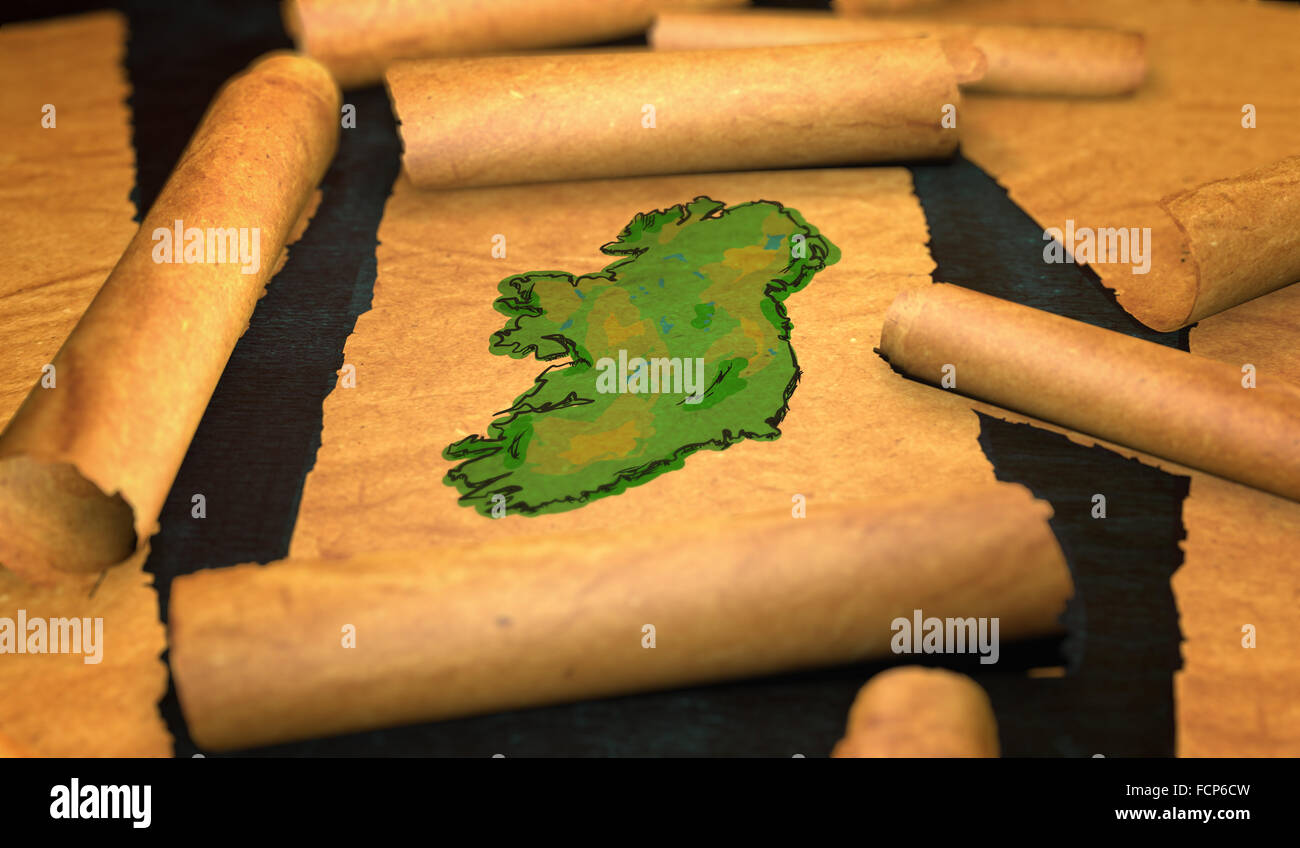 Ireland Map Painting Unfolding Old Paper Scroll 3D Stock Photo
