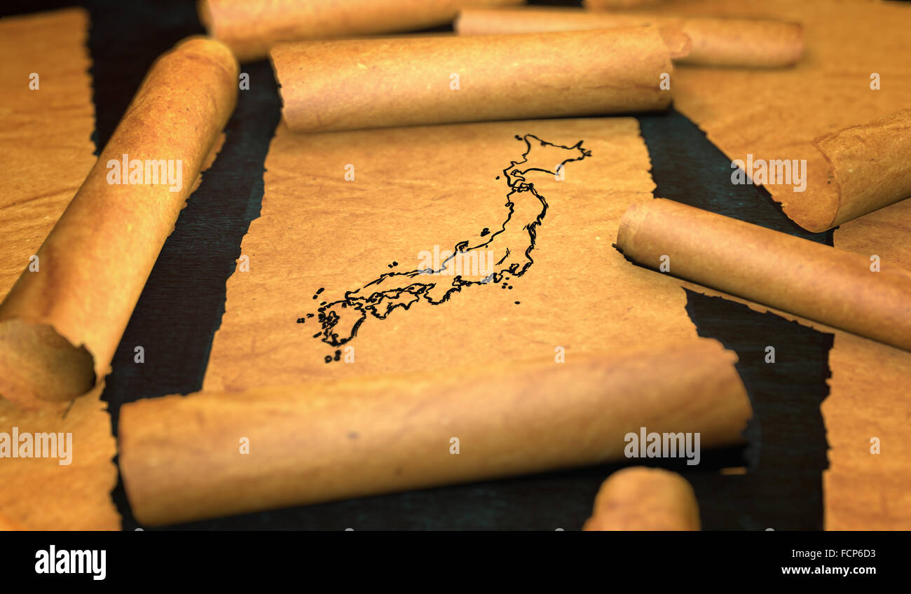 Japan Map Drawing Unfolding Old Paper Scroll 3D Stock Photo