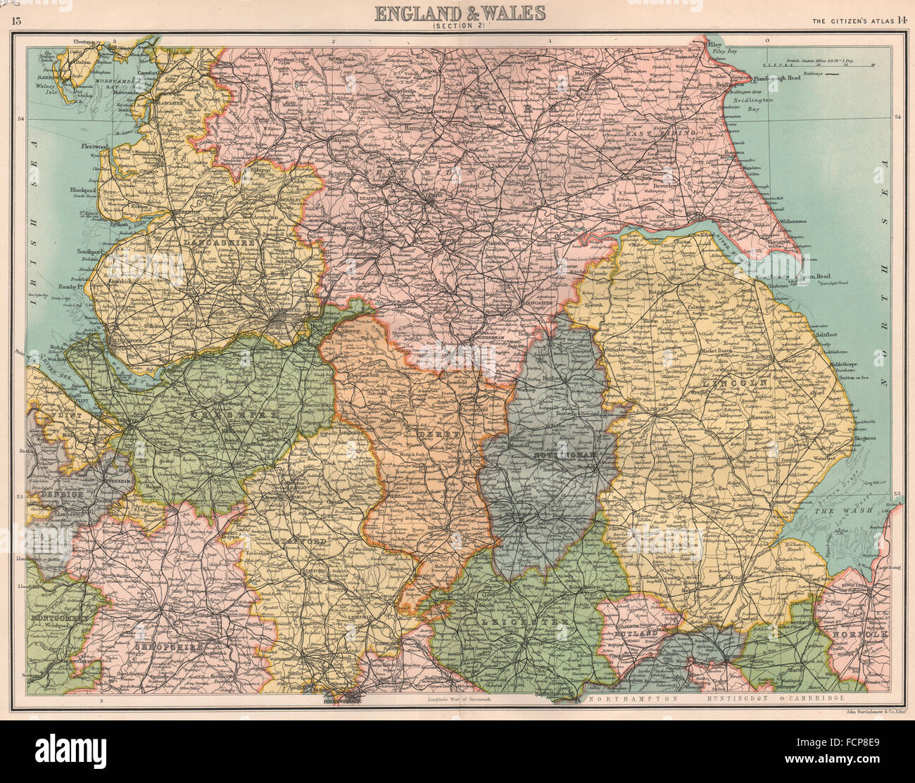 ENGLAND NORTH & MIDLANDS:Lincs Lancs Yorks Notts Derbys Staffs Cheshire 1898 map Stock Photo