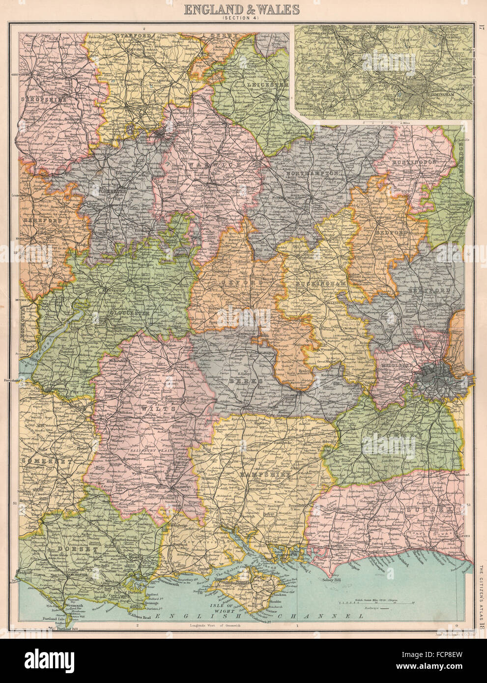 Map Of Central England Southern & Central England: South Coast Home Counties. Inset Birmingham  1898 Map Stock Photo - Alamy