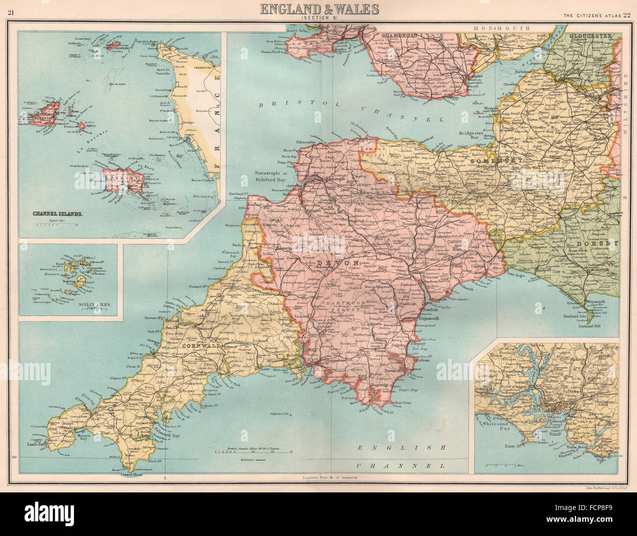 Map Of Plymouth And Cornwall South West England: Devon Cornwall Somerset. Channel Islands Plymouth, 1898  Map Stock Photo - Alamy