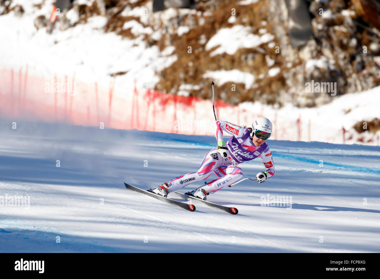 Cortina d’Ampezzo, Italy 23 January 2016. BESSY Anouk (Fra) competing in the Audi Fis Alpine Skiing World Cup Women’s downhill Race on the Olympia Course in the dolomite mountain range. Credit:  MAURO DALLA POZZA/Alamy Live News Stock Photo