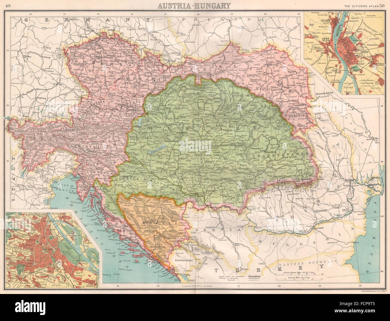 AUSTRIA-HUNGARY:Bosnia Galicia Bohemia.Vienna;Offen(Buda).BARTHOLOMEW, 1898 map Stock Photo