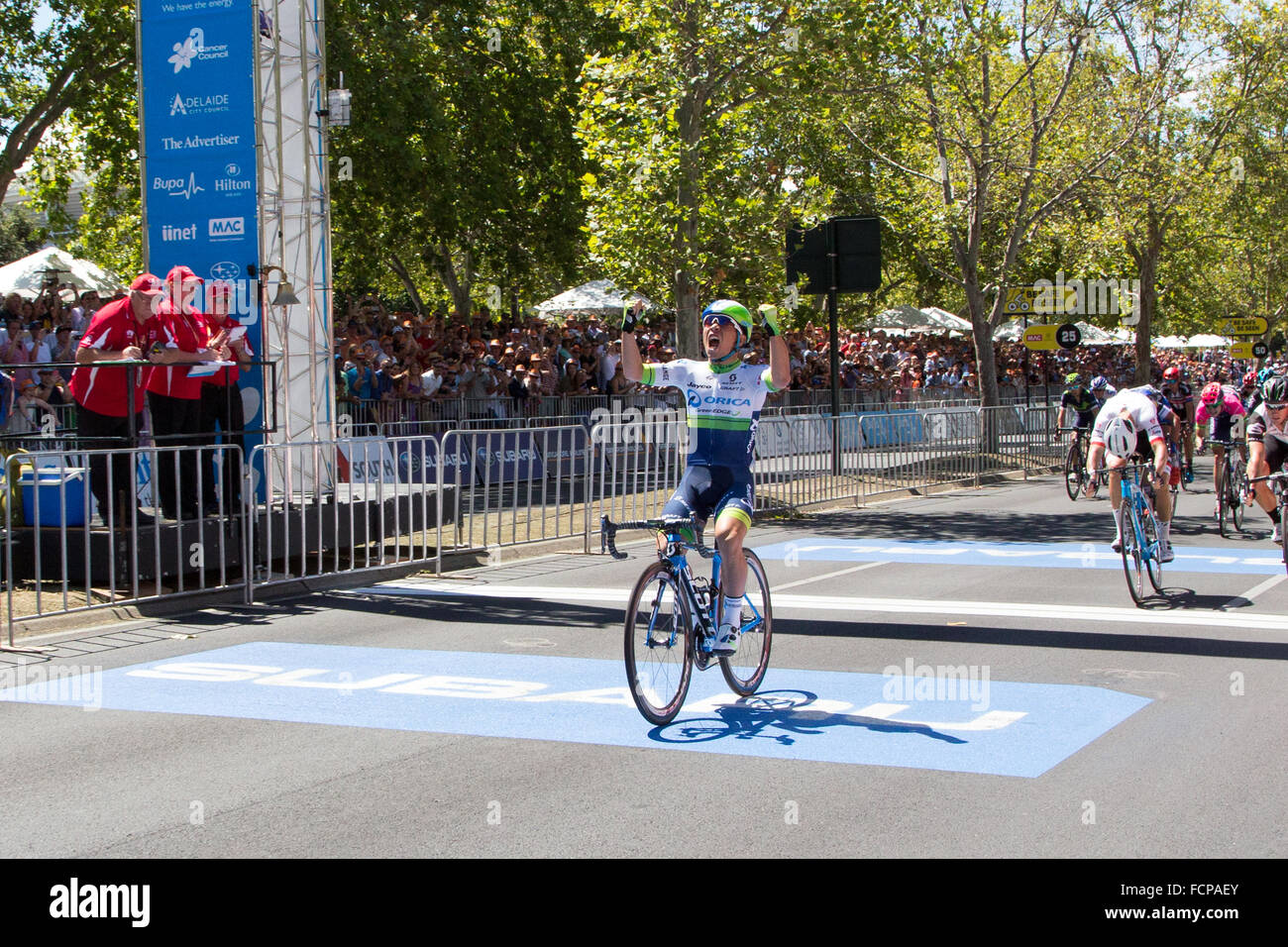 Caleb Ewan of the Orica Green Edge Team wins stage 6 of cycling's Tour Down Under in Adelaide. Simon Gerrans was the overall winner. Stock Photo