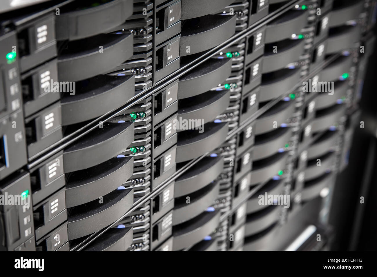 Close up of hard drives in large SAN storage Stock Photo