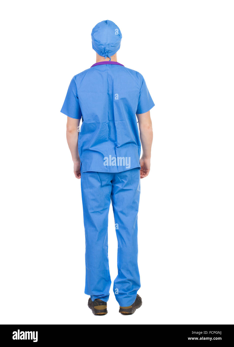 Back view of doctor in robe. Standing young guy. Rear view people collection. backside view of person. Isolated over white background. The nurse rushes to the aid Stock Photo