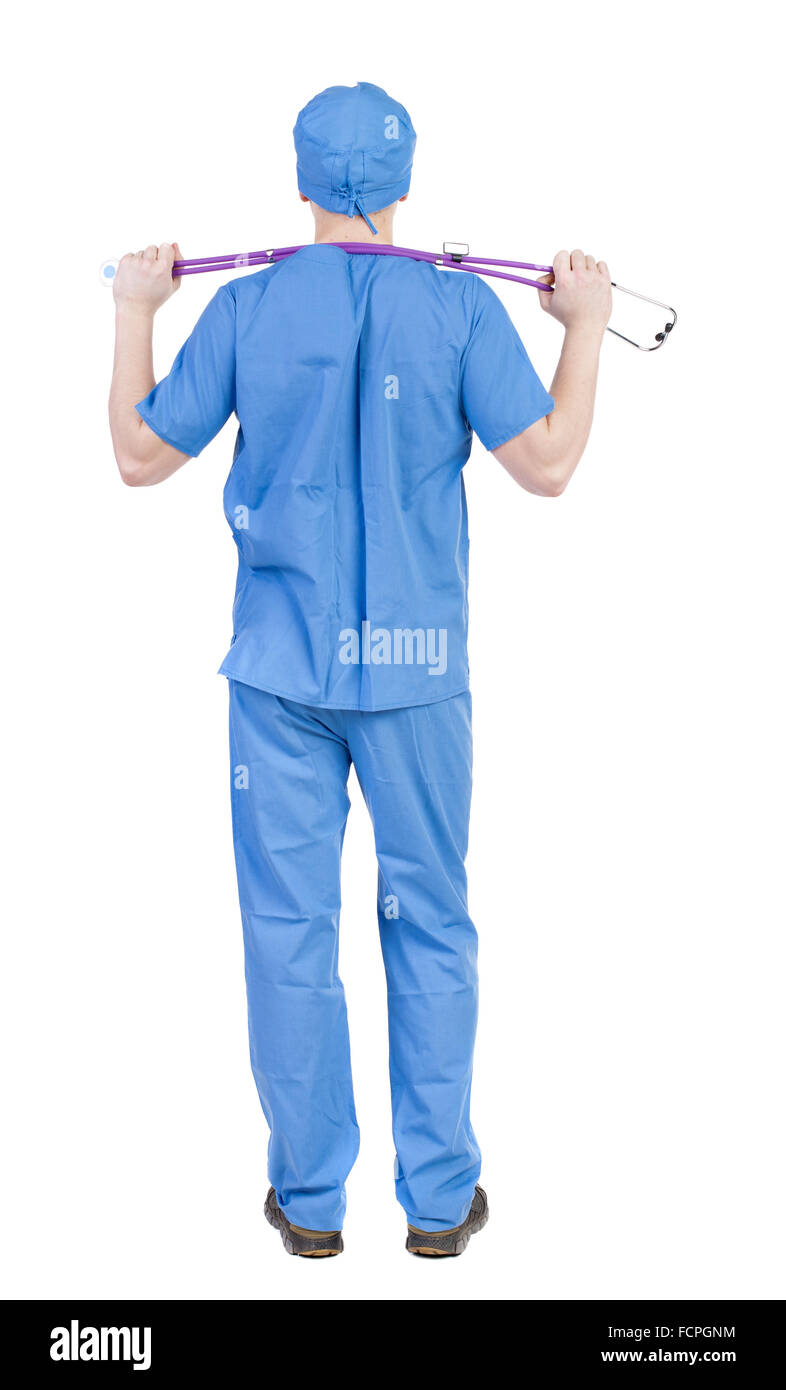 Back view of doctor in robe. Standing young guy. Rear view people collection. backside view of person. Isolated over white background. Stock Photo