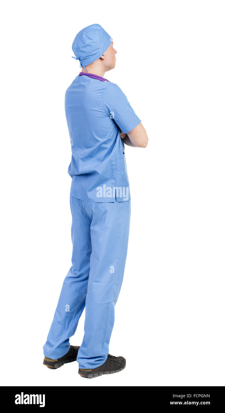Back view of doctor in robe. Standing young guy. Rear view people collection. backside view of person. Isolated over white background. Stock Photo