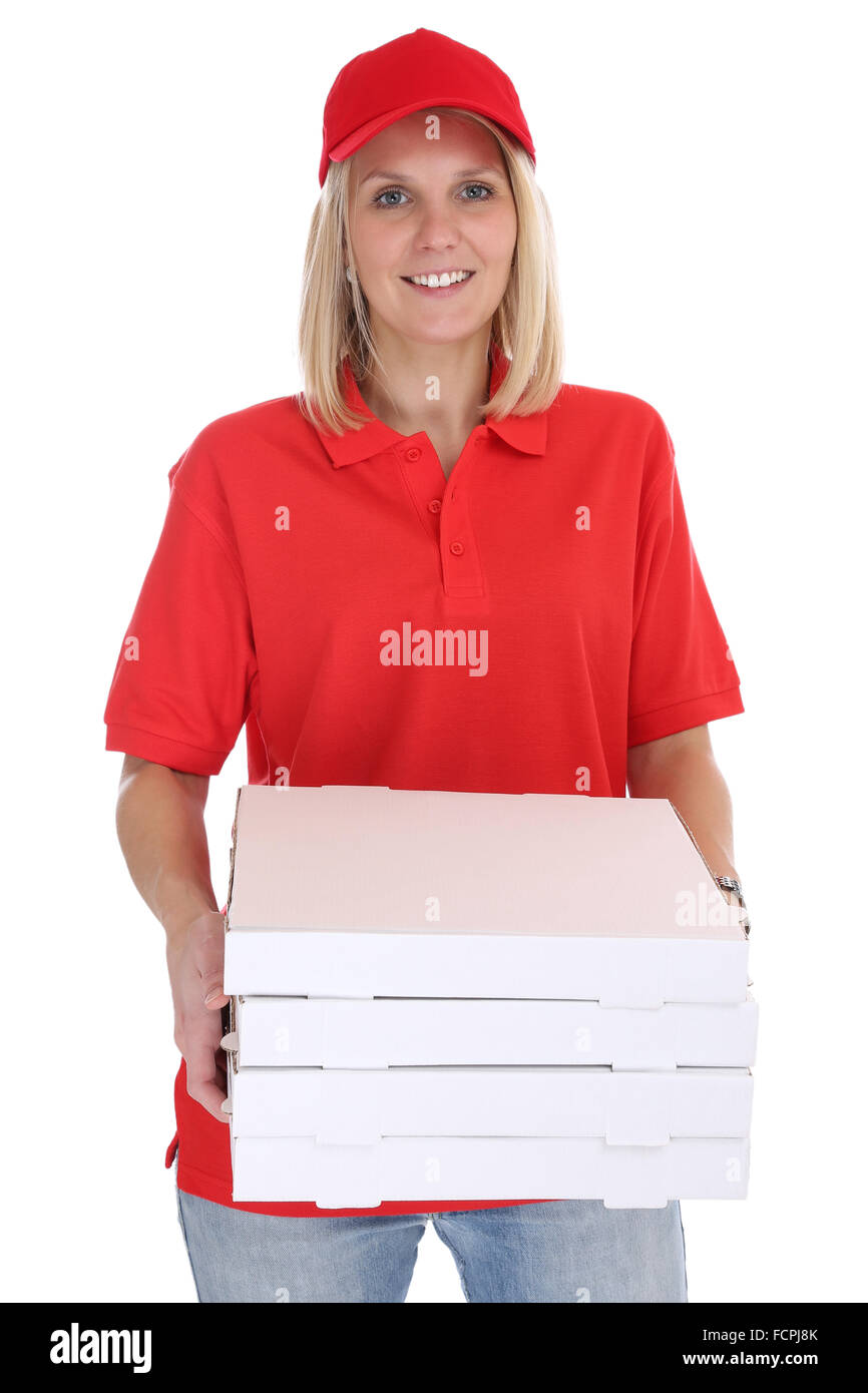 Pizza delivery woman order delivering job young isolated on a white