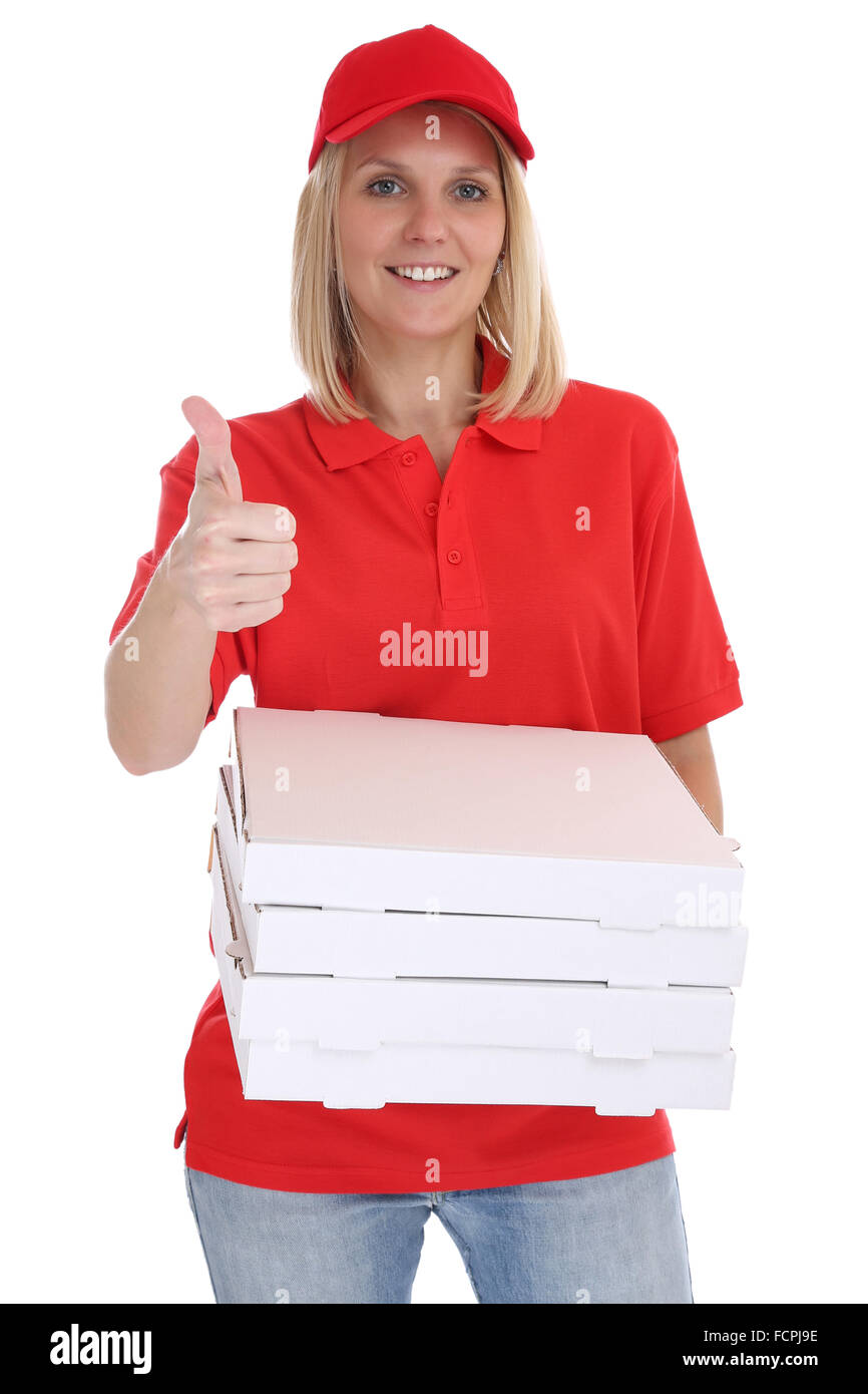 Pizza delivery woman order delivering thumbs up job young isolated on a
