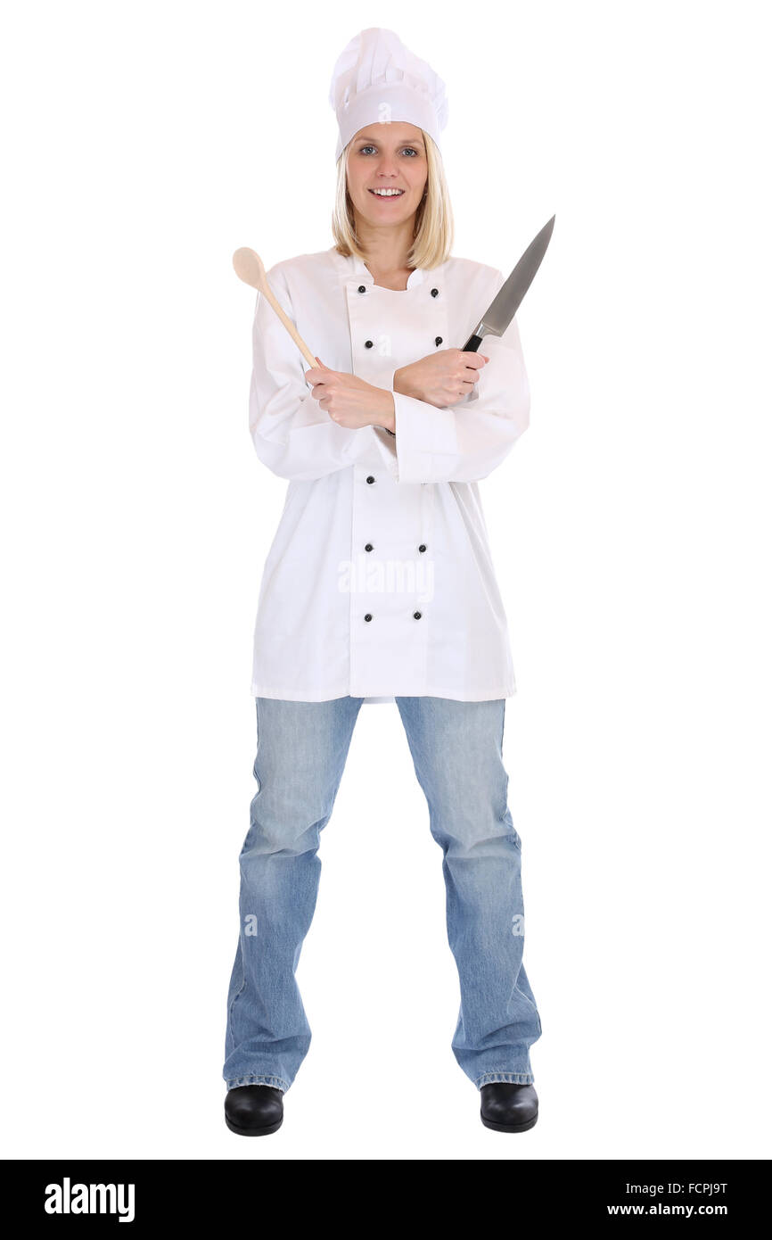 Cook cooking with knife job young full body isolated on a white background Stock Photo