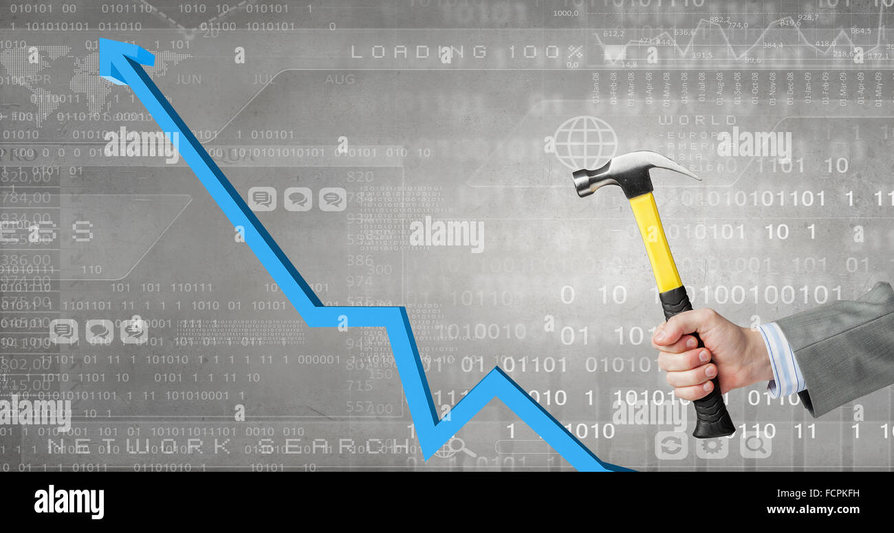 Close up of hammer in human hand breaking increasing graph Stock Photo ...