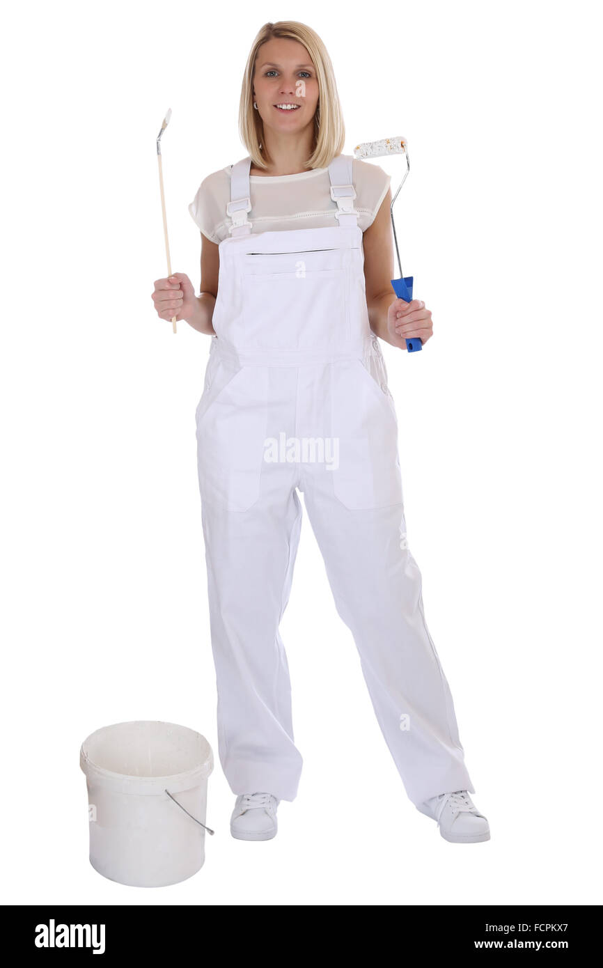 Young female house painter and decorator woman job full body isolated on a white background Stock Photo