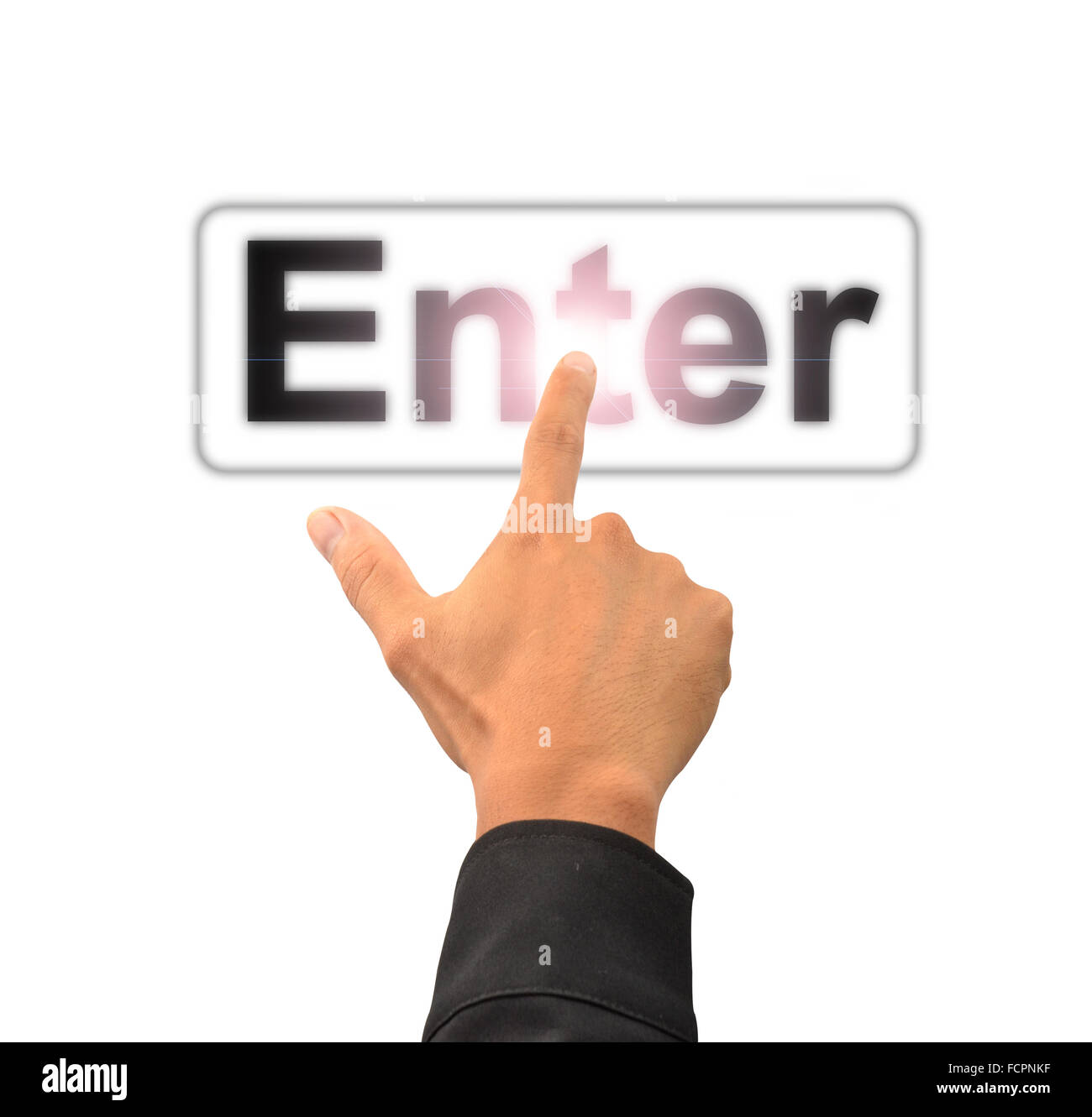 finger push enter button on touch screen interface Stock Photo