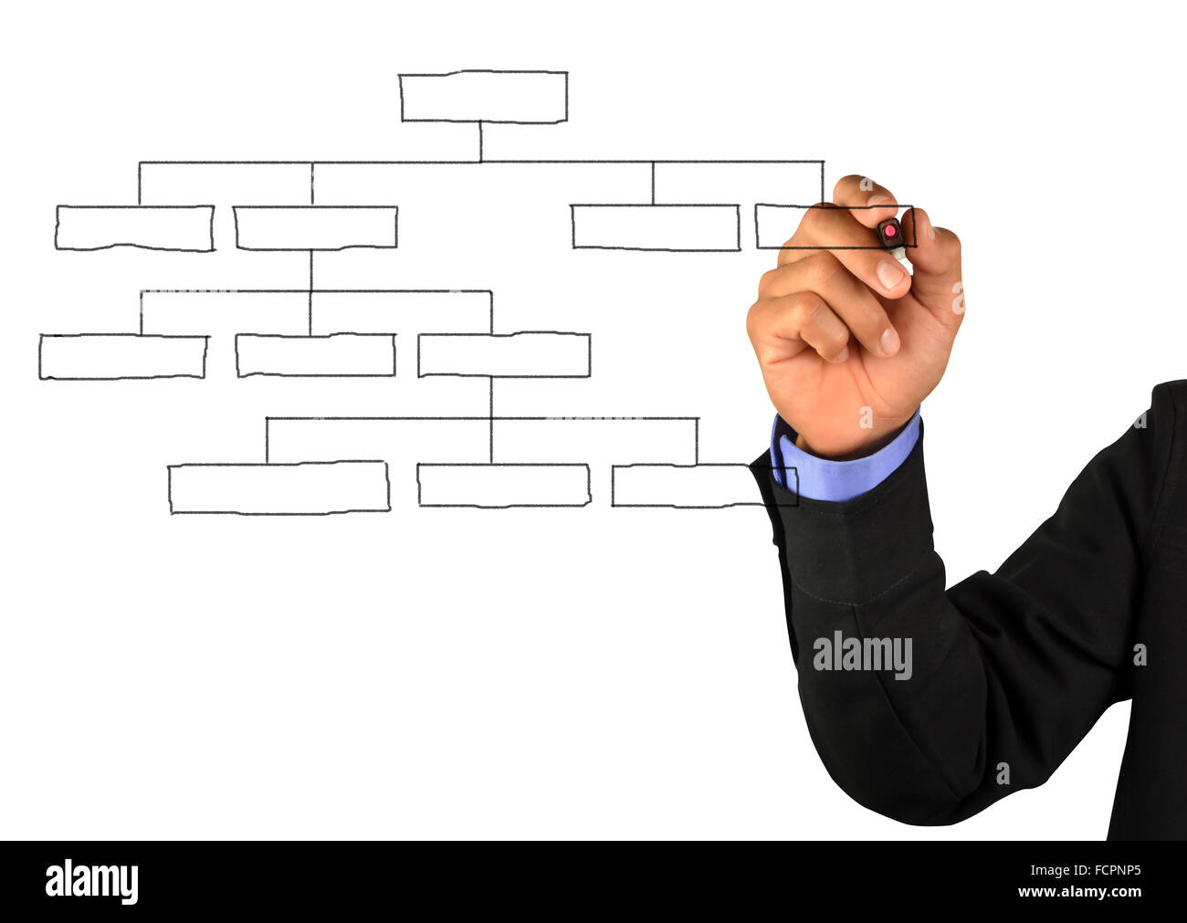 businessman drawing an organization chart on a white board Stock Photo