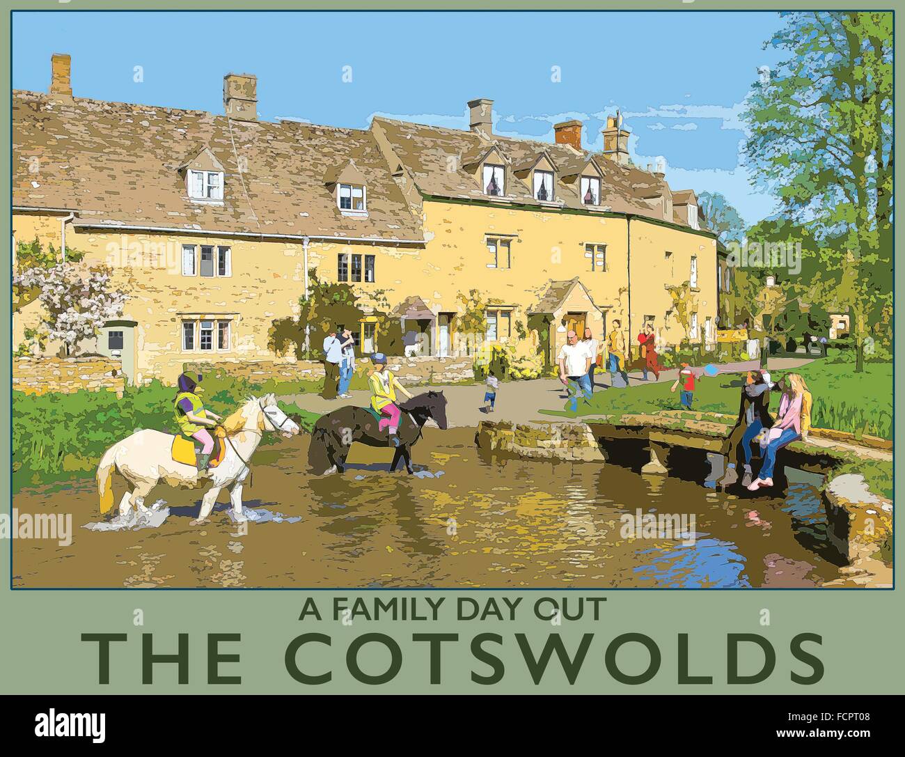 A poster style illustration from a photograph of the Cotswold village of Lower Slaughter, Gloucestershire, England, UK Stock Photo