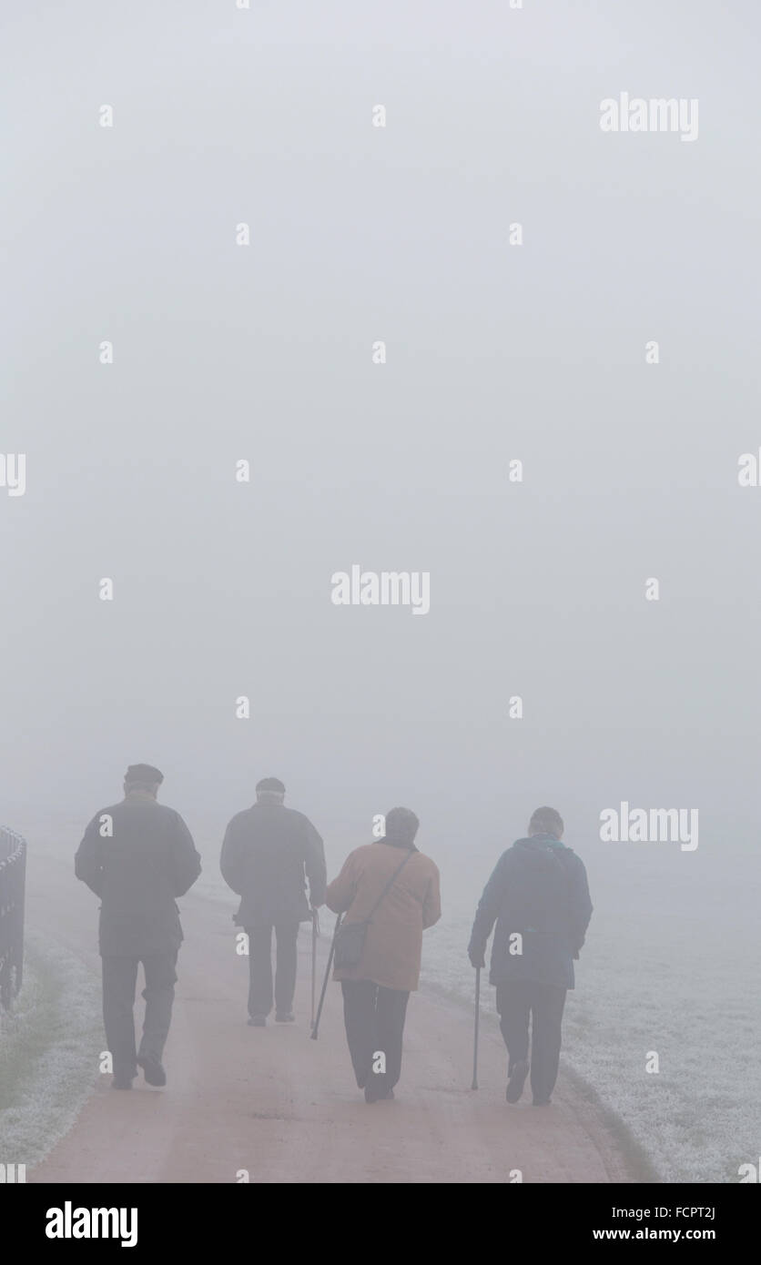 Elderly people on a foggy winter walk, England, UK Stock Photo