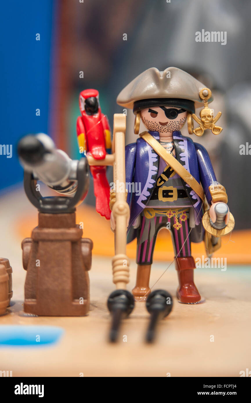 London, UK. 24 January 2016. Playmobil's new pirate ship characters are on  display at London's Olympia for the opening of this year's Toy Fair, the  only dedicated toy, game and hobby exhibition