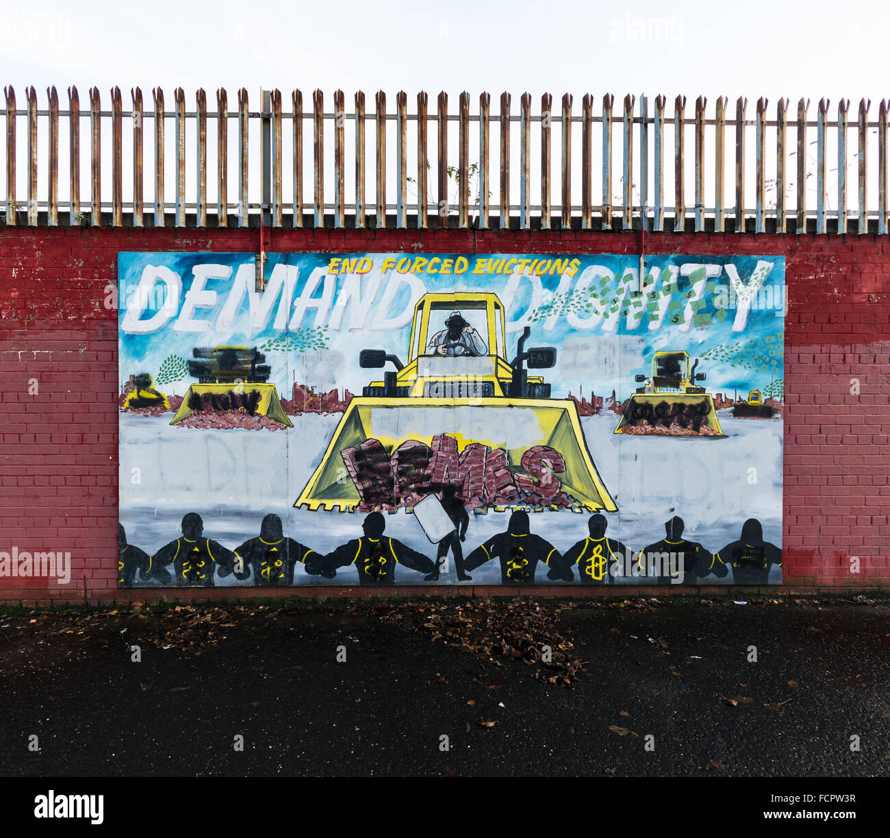 End the forced evictions, demand dignity mural near Shankill Road area of Belfast. Stock Photo