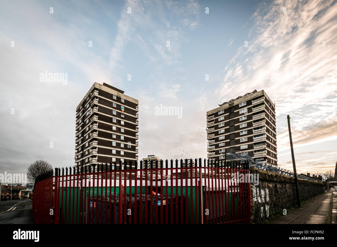Two of the large tower block flats on the New Lodge estate in North Belfast. Stock Photo