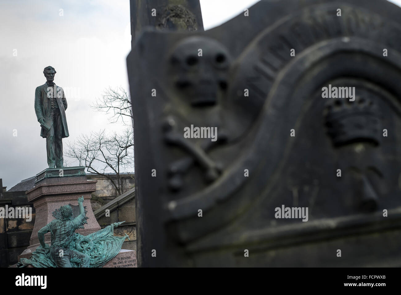 Skull, Cemetery, Old Calton Burial Ground, 1819, Obelisk, City of Edinburgh, memorial, monument, vault, historic, Stock Photo