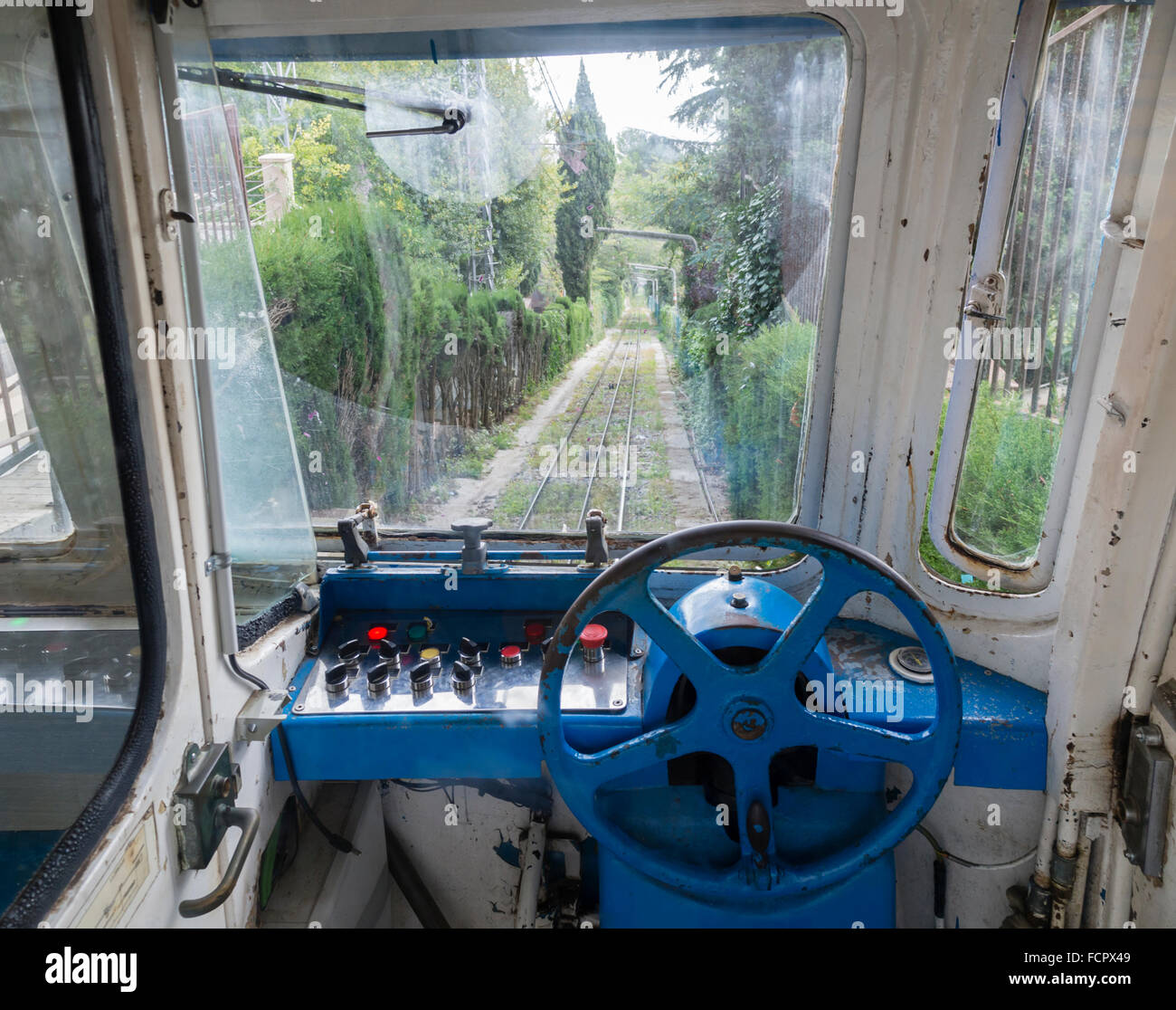 Driver's seat of the historic cablecar leading up to Tibidabo Mountain at Barcelona, Spain. Stock Photo