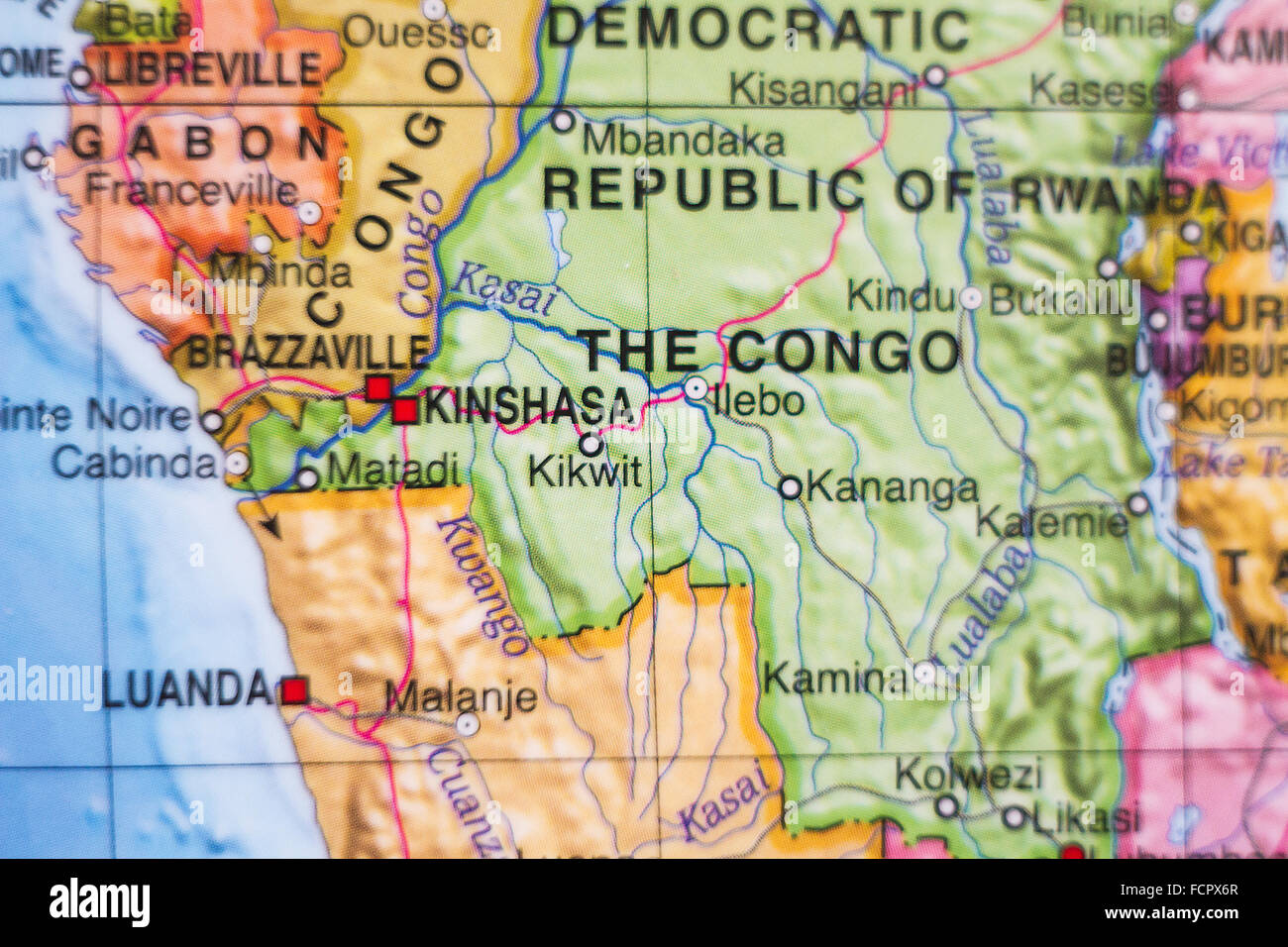 Photo of a map of Democratic Republic of the Congo and the capital Kinshasa . Stock Photo